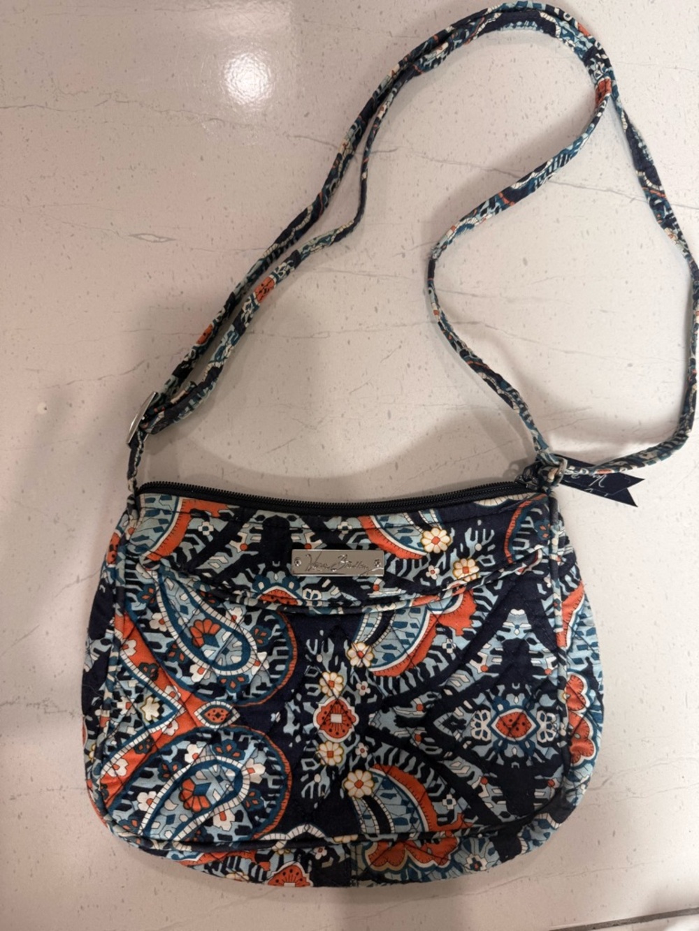Vera Bradley Navy Paisley Quilted Crossbody with Coral & Light Blue Accents